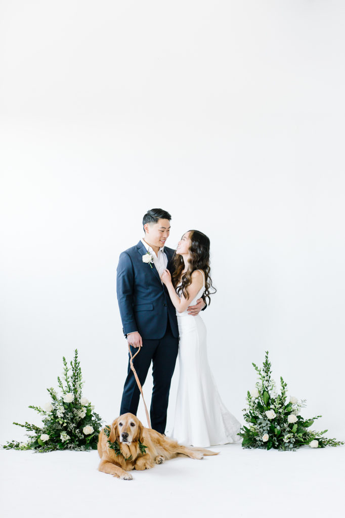 Photos of the Bride and Groom as Husband and Wife in a studio in downtown Salt Lake City- in Studio Elevn and with their Golden Retriever puppy. #KaileeMatsumuraPhotography #KaileeMatsumuraWeddings #Studiowedding #UtahWedding #SLCwedding #SLCweddingphotographer
#WeddingphotographerinSLC