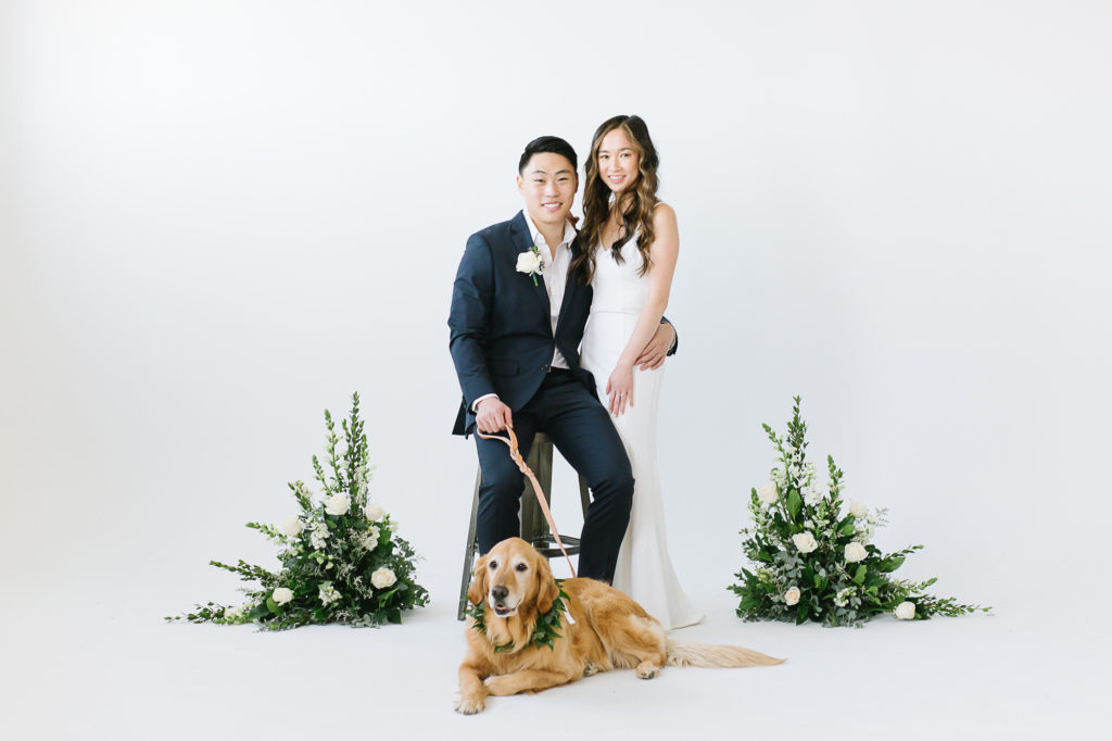 Photos of the Bride and Groom as Husband and Wife in a studio in downtown Salt Lake City- in Studio Elevn and with their Golden Retriever puppy. #KaileeMatsumuraPhotography #KaileeMatsumuraWeddings #Studiowedding #UtahWedding #SLCwedding #SLCweddingphotographer
#WeddingphotographerinSLC